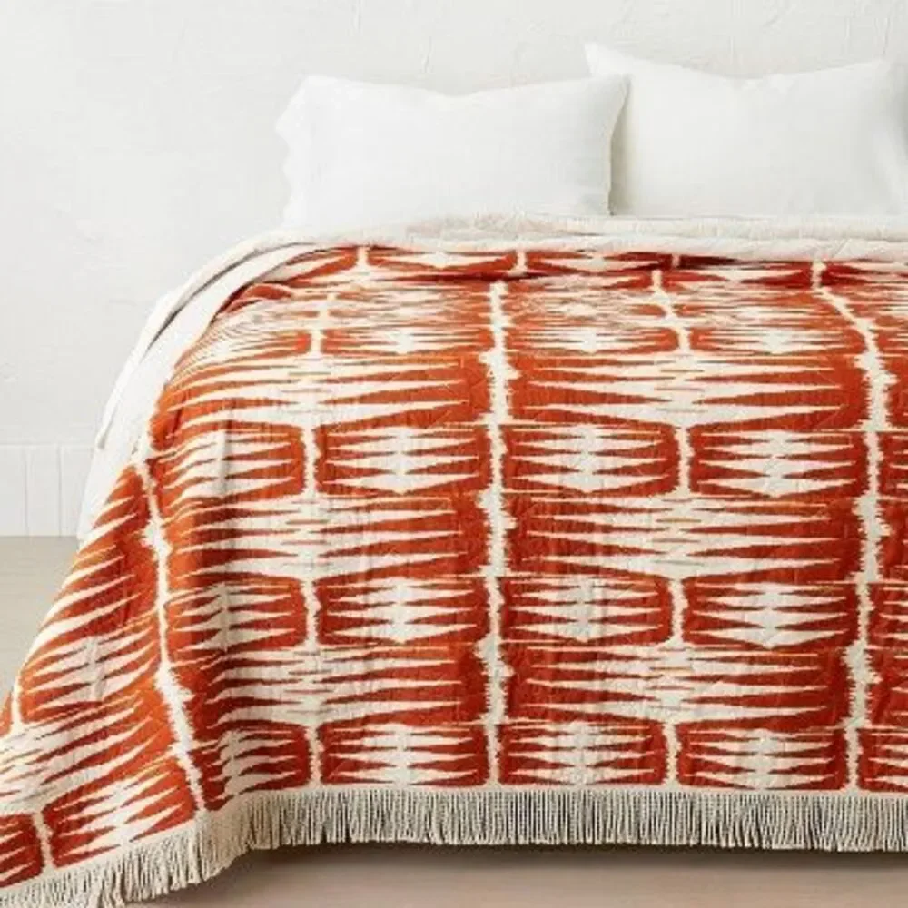 Rust Ikat Quilted Throw Blanket - Cream and Rust